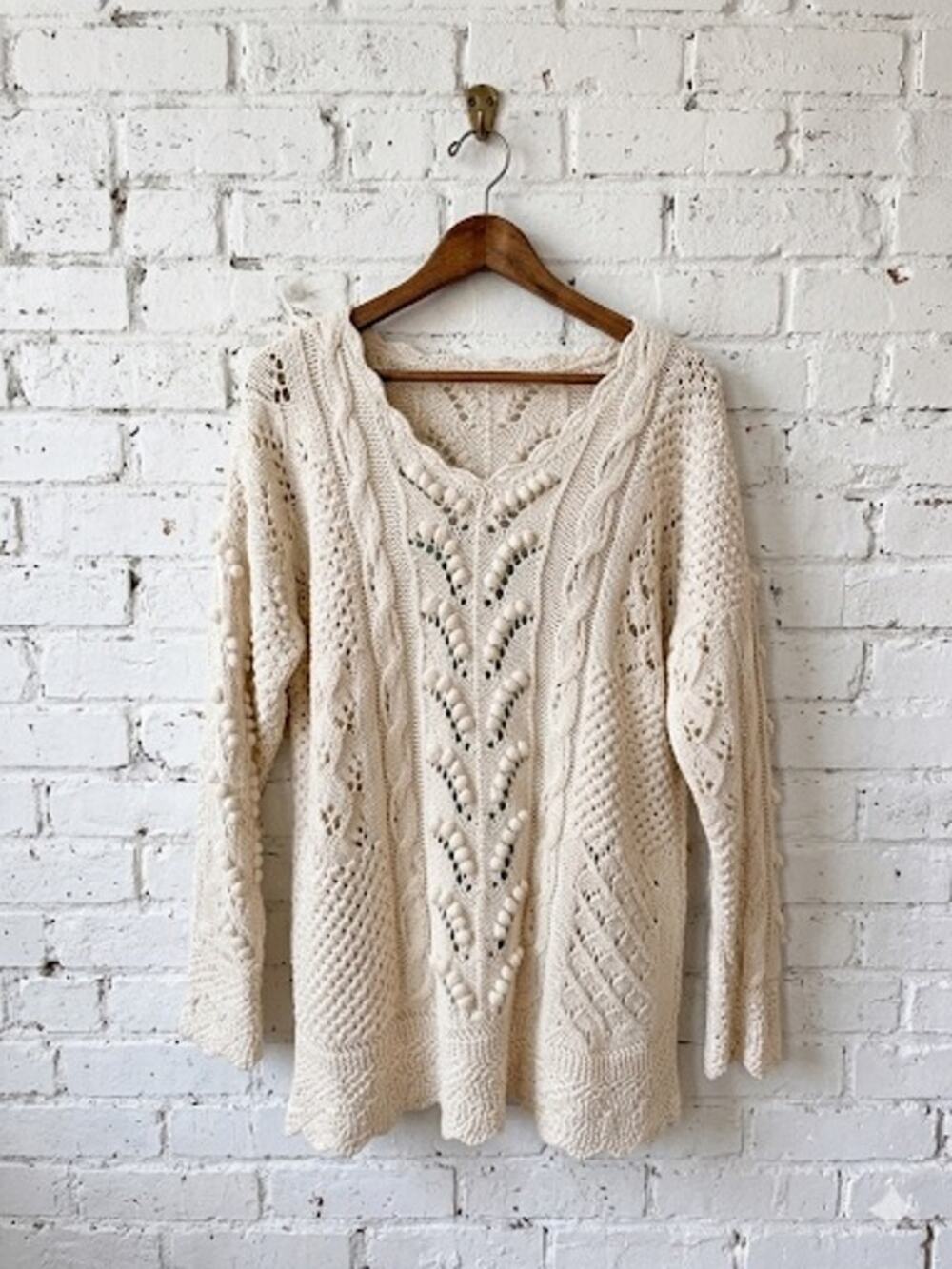 VINTAGE EXPRESS Cie Internationale Cotton Cable Bobble Cream Sweater Dress 90s